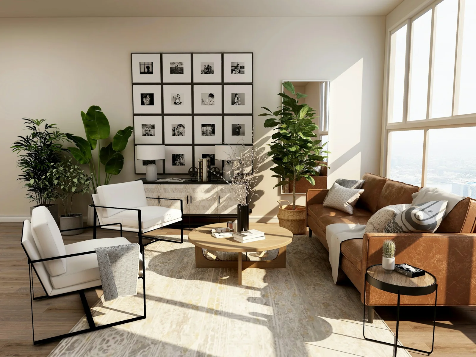 Warm living room with comfortable seating, natural wood furniture and soft daylight