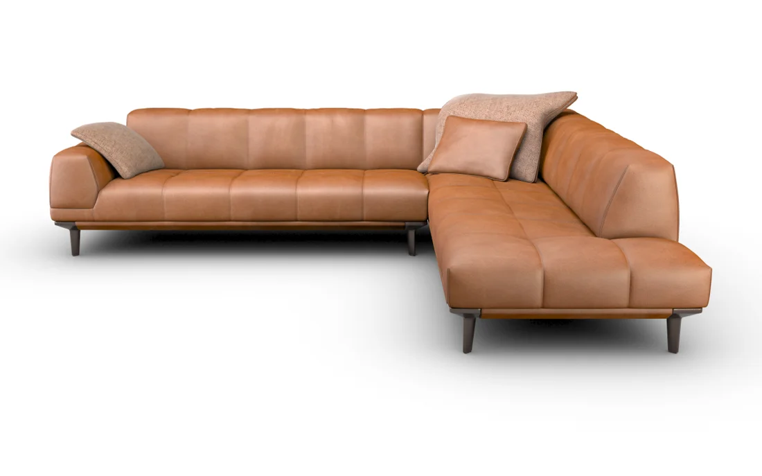Tan leather L-shaped corner sofa with cushions and a right-hand return